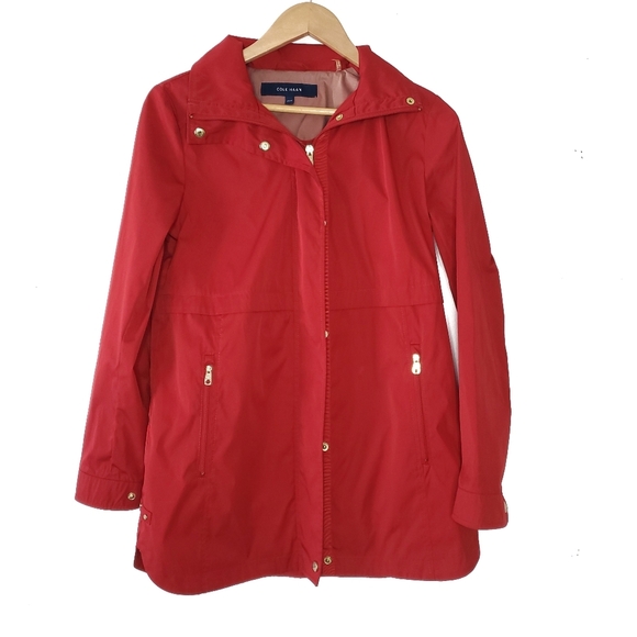 Cole Haan Packable Hooded Rain Jacket Women Red XS Back Bow Long Coat Valentines - Picture 1 of 15